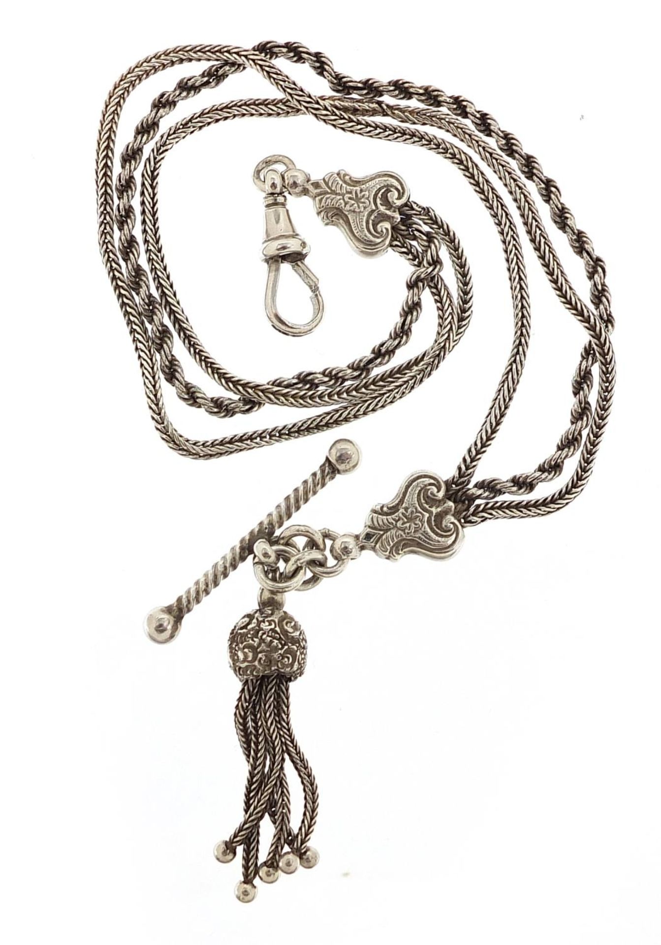 Victorian style sterling silver watch chain with T bar and tassel, 20cm in length, 18.0g