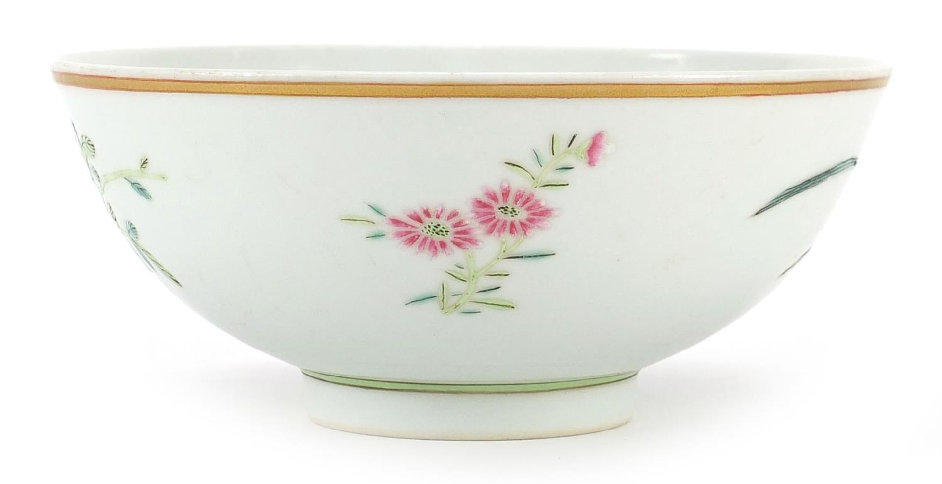 Chinese porcelain bowl hand painted with a bird of paradise amongst flowers, six figure character - Image 2 of 3