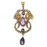 Art Nouveau 9ct gold amethyst and pearl pendant brooch, 5.2cm high, 5.0g