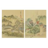 Mountainous landscapes and pagodas, pair of Chinese watercolours on silk, one with character marks