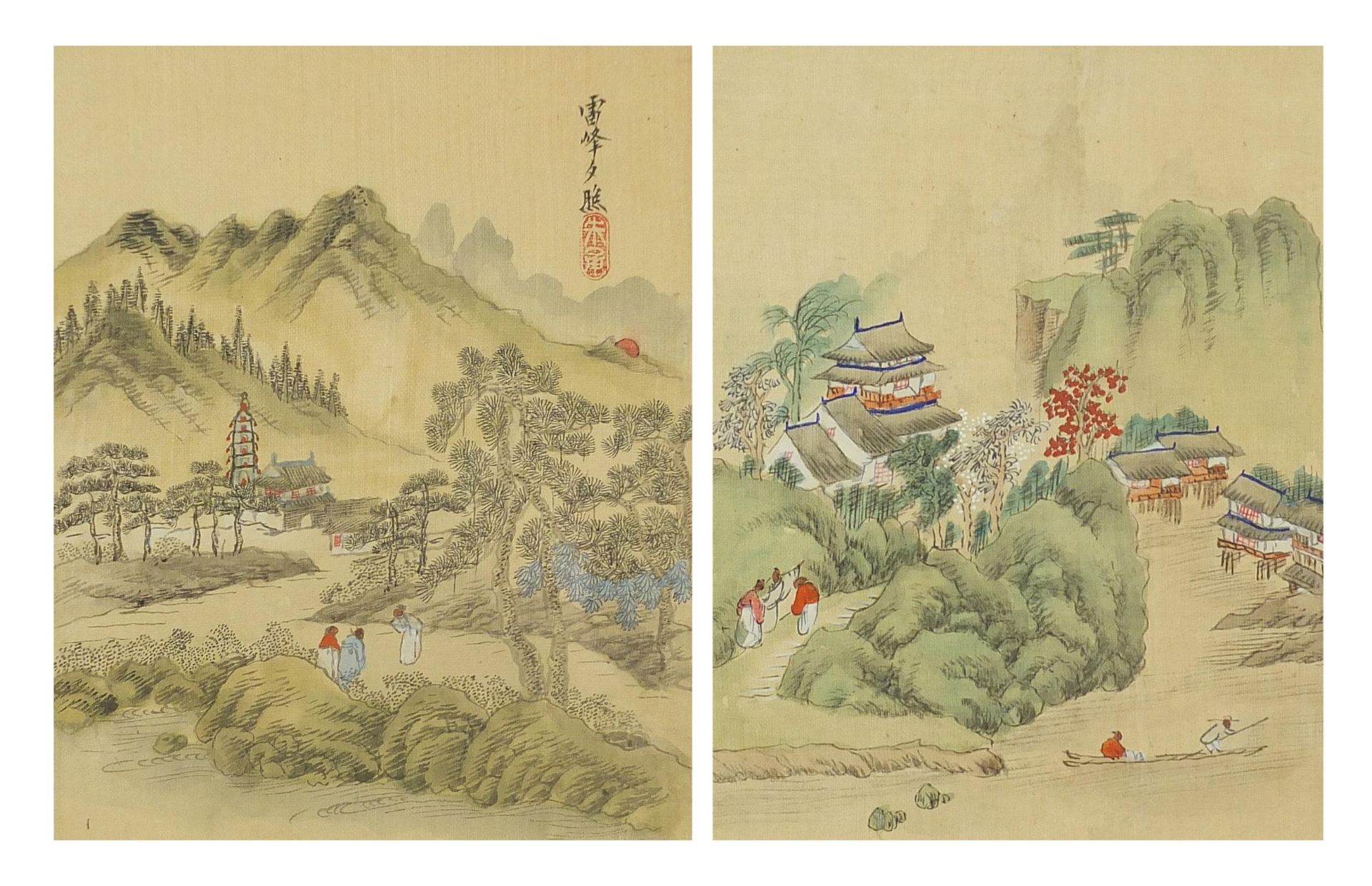 Mountainous landscapes and pagodas, pair of Chinese watercolours on silk, one with character marks