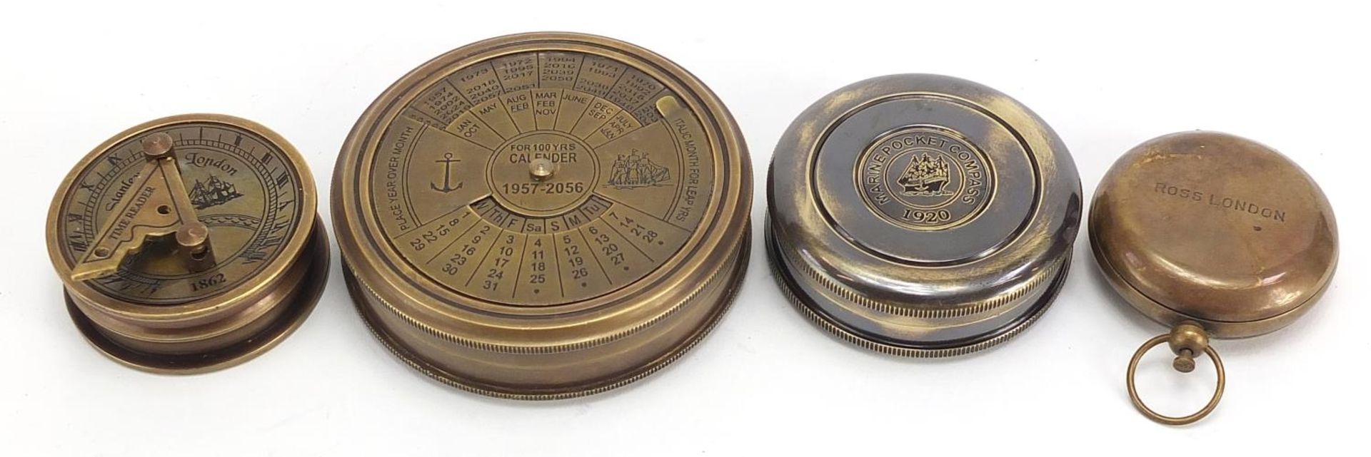 Four brass nautical interest compasses and sun dials, the largest 7.5cm in diameter - Image 4 of 5