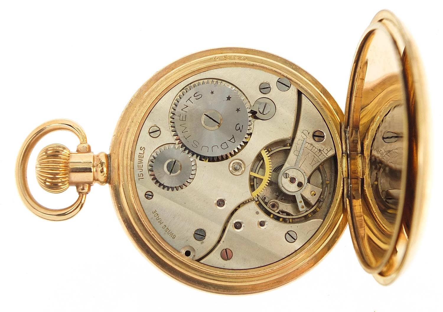 Gentlemen's gold plated half hunter pocket watch with enamelled dial, 50mm in diameter - Image 4 of 6
