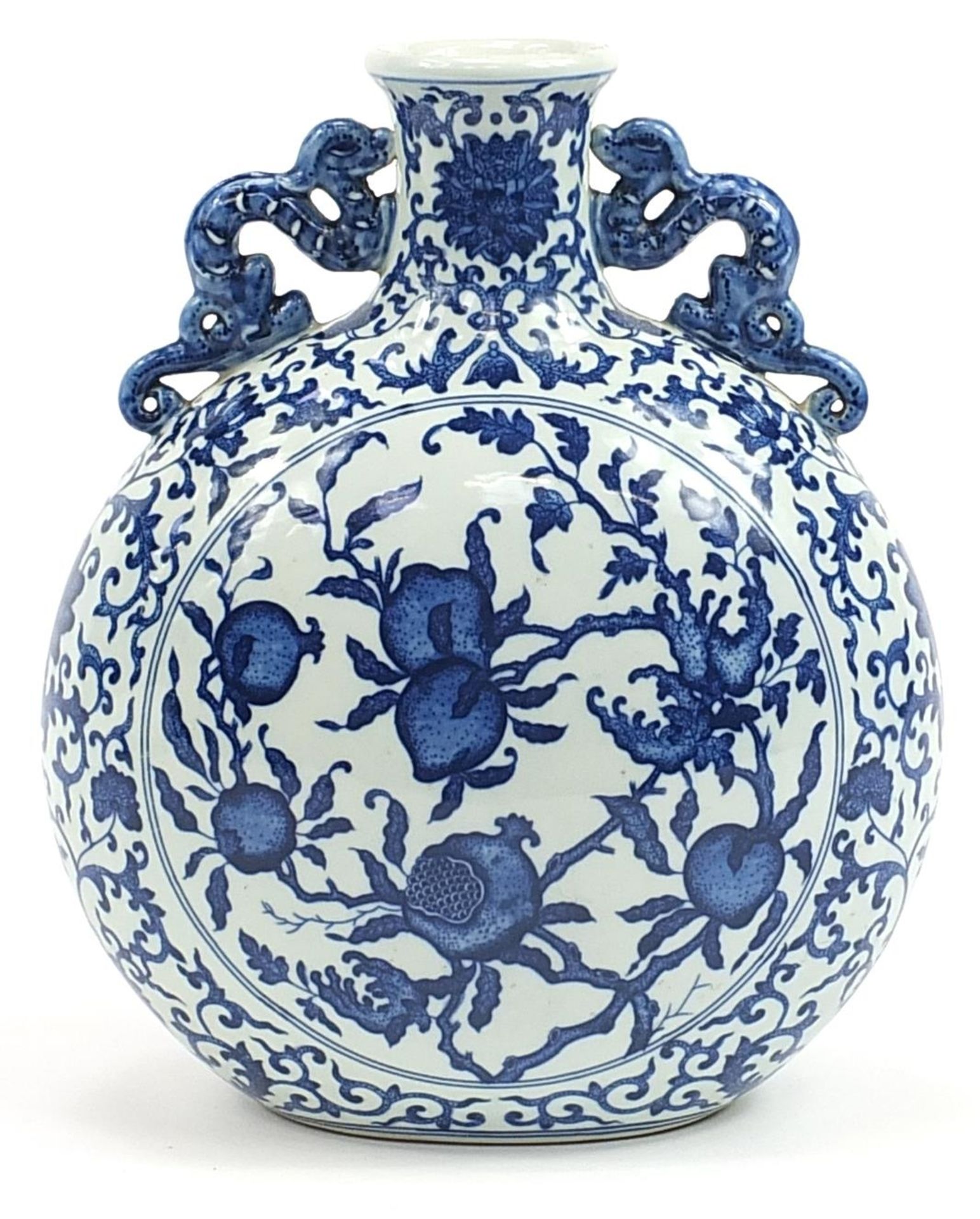 Large Chinese blue and white porcelain moon flask hand painted with peaches and flowers, six - Image 2 of 4
