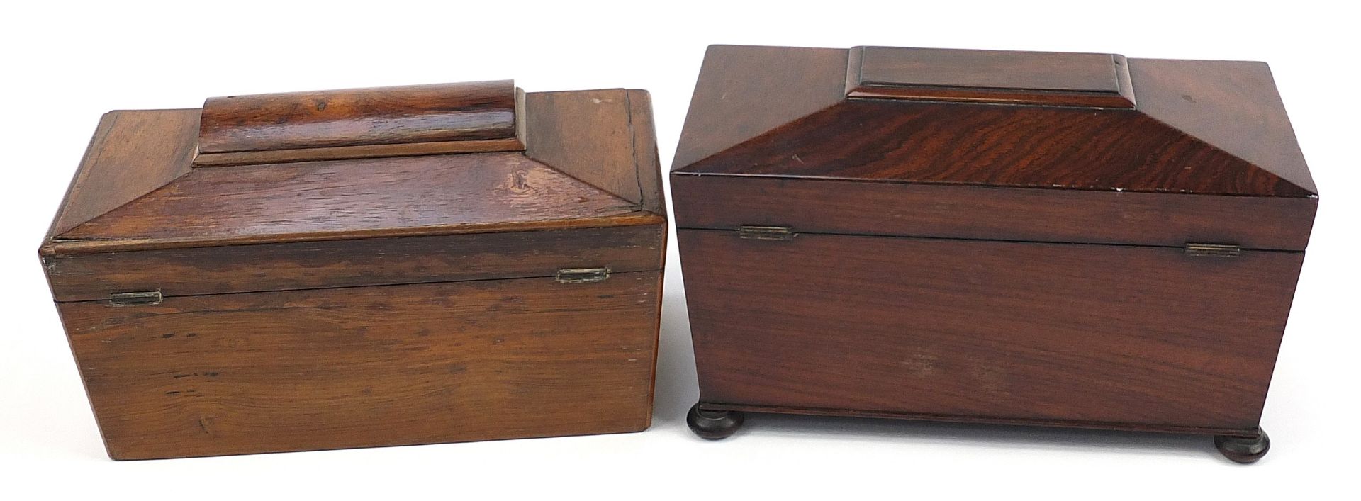 Two 19th century rosewood sarcophagus shaped tea caddies with twin divisional interiors, the largest - Image 3 of 4