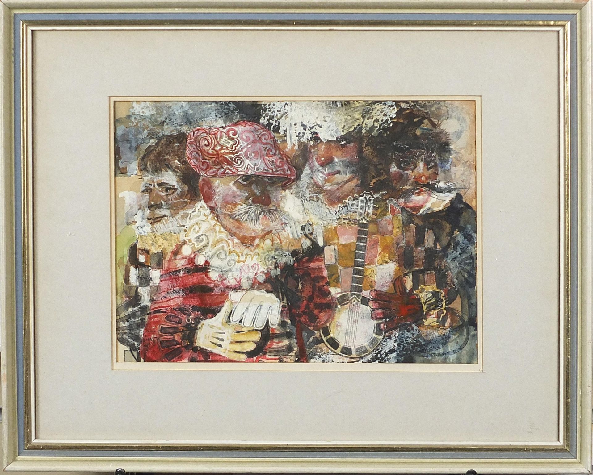 One man band and four figures, pair of heightened watercolours, indistinctly signed, possibly John - Image 3 of 12