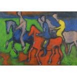 Abstract composition, figures on horse back, oil on canvas, mounted and framed, 50cm x 35cm