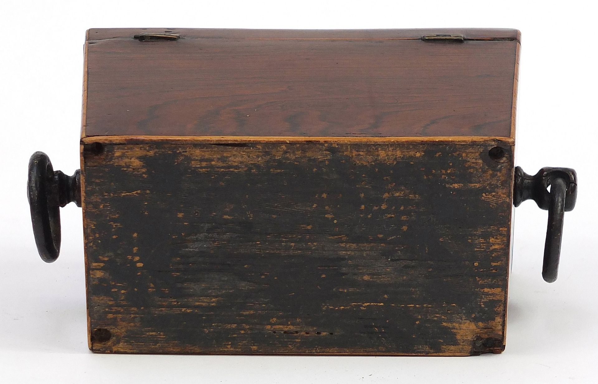 19th century inlaid rosewood tea caddy with brass ring turned handles and feet with twin - Image 4 of 4