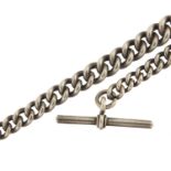 Graduated silver watch chain with T bar, 29cm in length, 55.4g