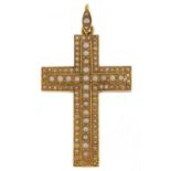 Victorian unmarked gold seed pearl cross pendant, (tests as 15ct gold) 4.6cm high, 5.1g