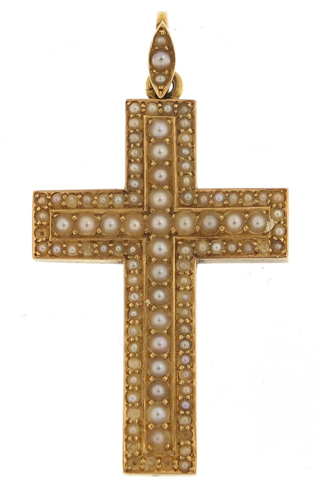 Victorian unmarked gold seed pearl cross pendant, (tests as 15ct gold) 4.6cm high, 5.1g