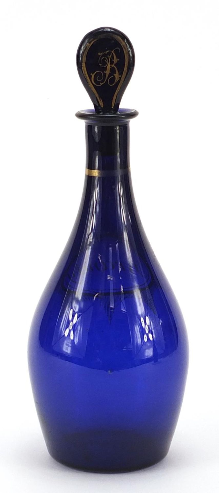 18th/19th century Bristol blue glass decanter with gilt decoration, inscribed Brandy, 24cm high - Image 2 of 3