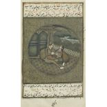 Two figures in a palace setting with script, Indian Mughal school watercolour, mounted, framed and