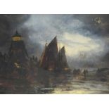 J Day - Moonlit seascape with smugglers and boats, oil on canvas, mounted and framed, 30cm x 23cm