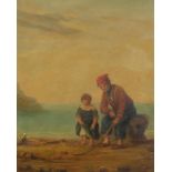 Attributed to William Collins - Coastal scene with two figures, 19th century oil on board, mounted