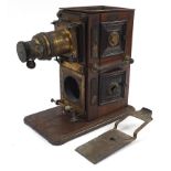 Victorian mahogany and brass magic lantern projector with Walter-Tyler plaque, 50cm high