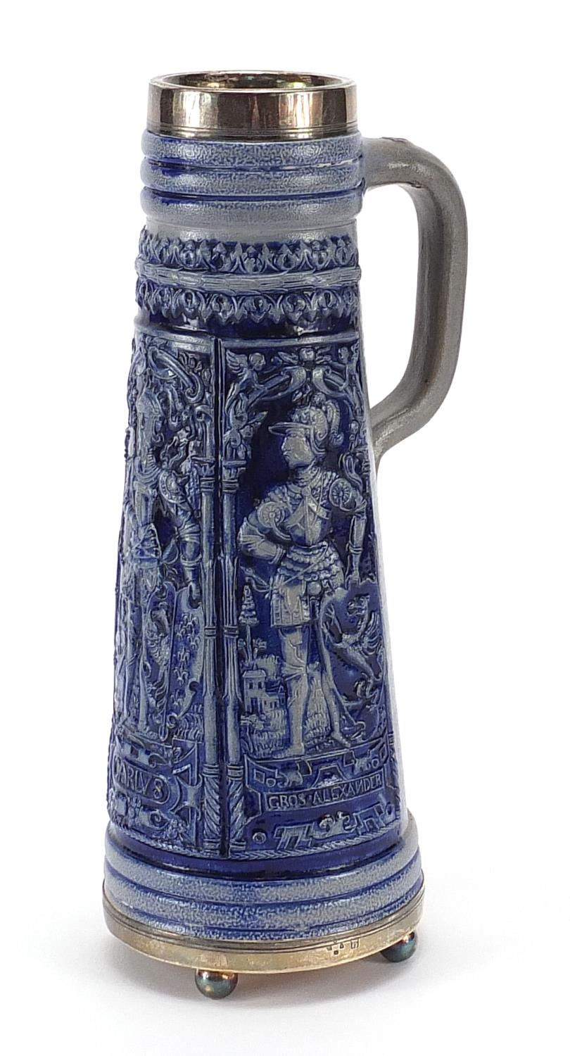 German salt glazed jug with Victorian silver mounts, 28cm high