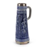 German salt glazed jug with Victorian silver mounts, 28cm high