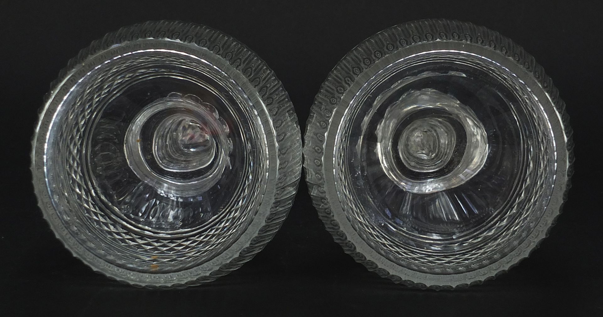 Pair of 18th century cut glass Prussian shape decanters with three rings with stoppers, each 28cm - Image 3 of 3