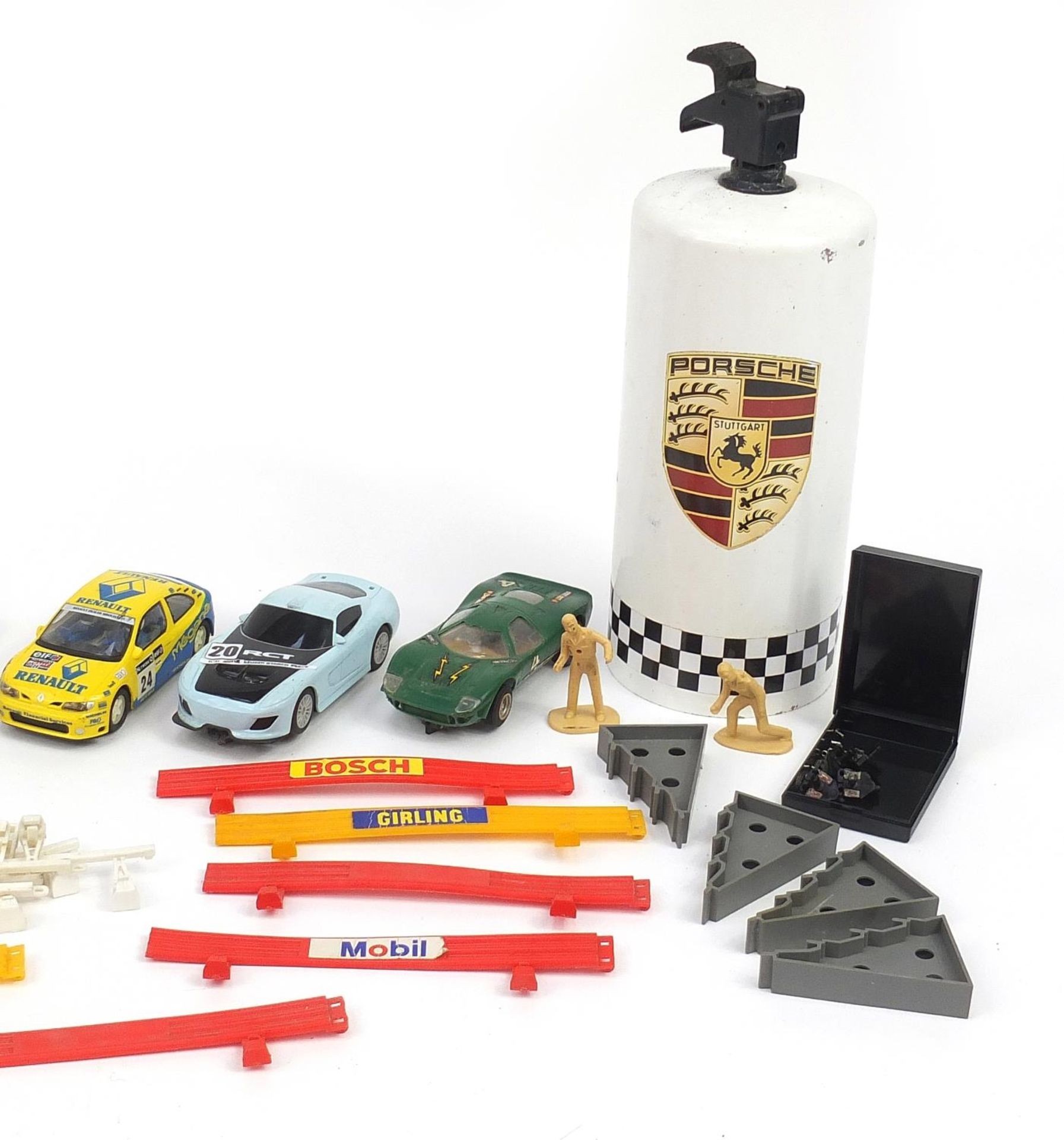 Group of vintage model racing cars and track including Scalextric, Hornby and enamelled Porsche fire - Image 3 of 3