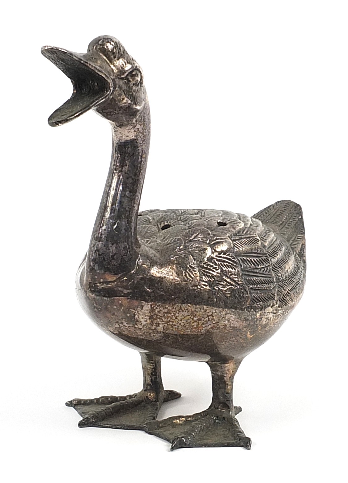 Fondica, French silver plated sculpture of a duck, 26cm high