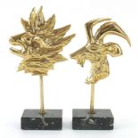 Fondica, two French Brutalist gilt brass zodiac sign sculptures raised on rectangular marble