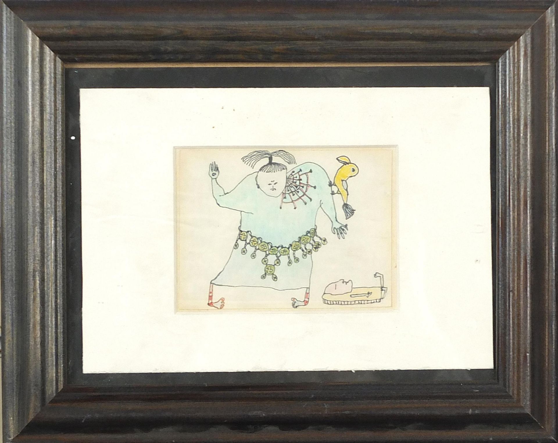 Abstract composition, bird with figure, ink and watercolour, mounted, framed and glazed, 10cm x - Image 2 of 3