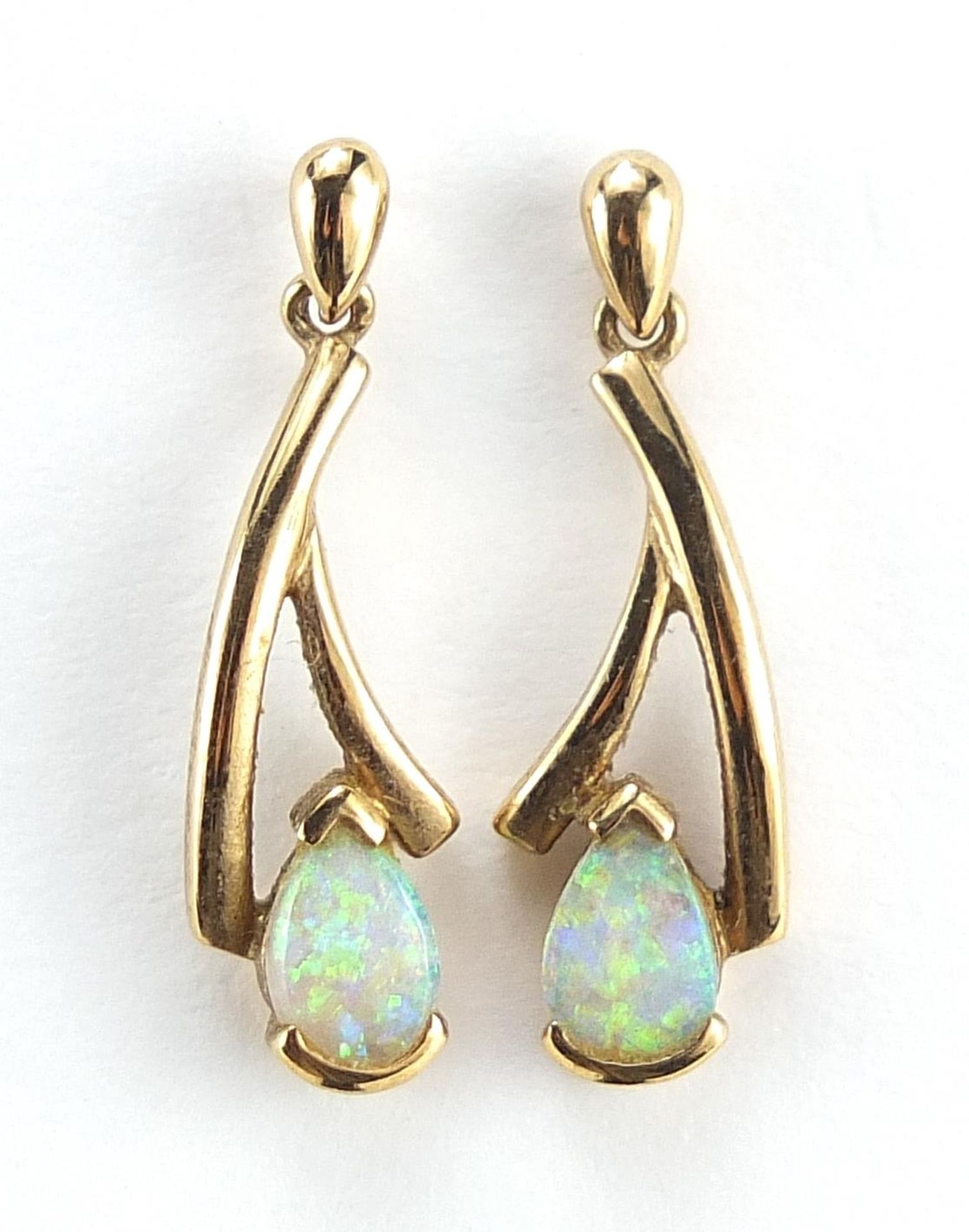 Pair of 9ct gold opal drop earrings, 2.2cm high, 2.0g