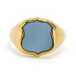 Antique unmarked gold hardstone shield signet ring (tests as 15ct + gold) size T/U, 6.7g