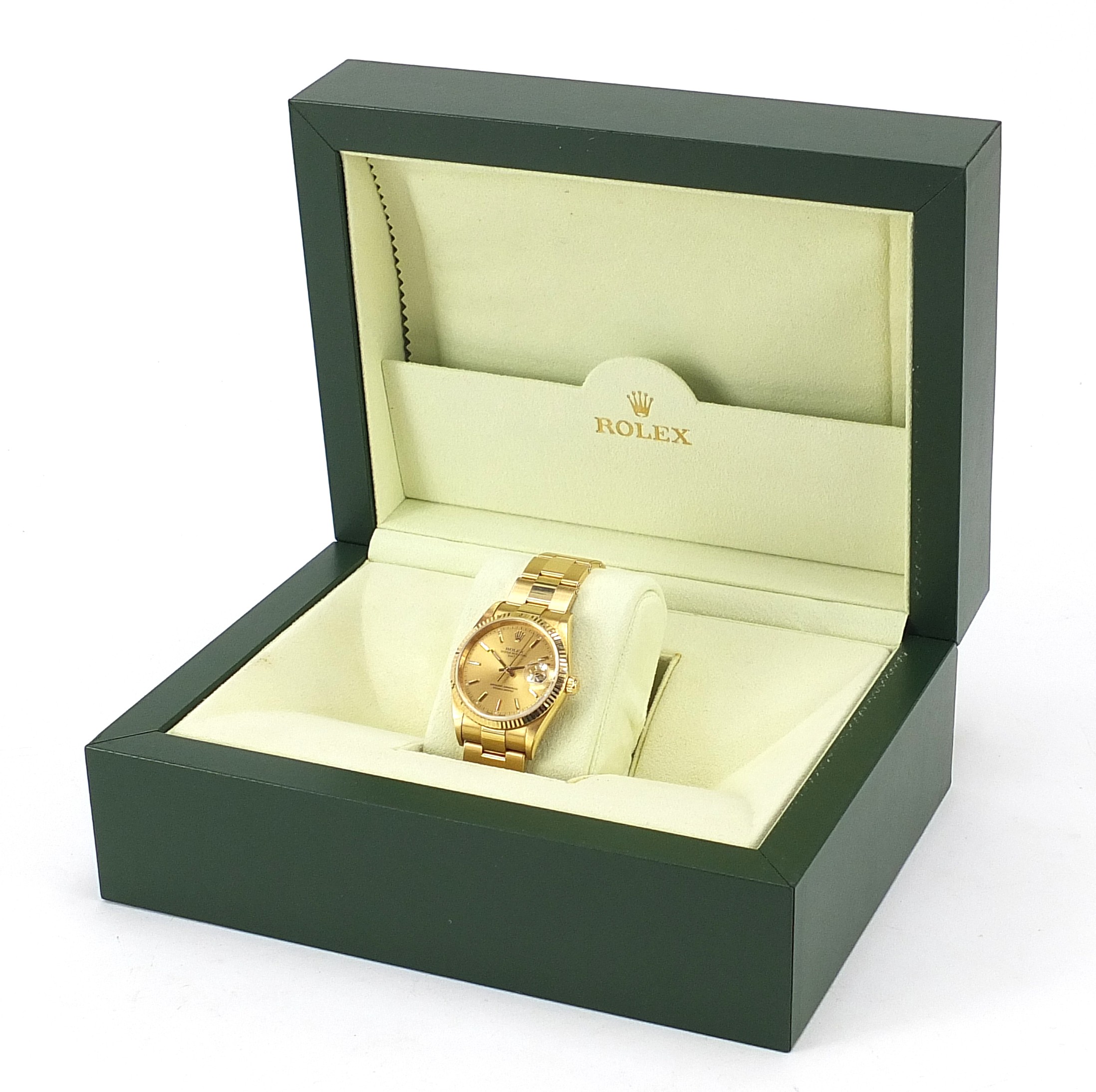 Rolex, 18ct gold gentlemen's Oyster Perpetual Date automatic wristwatch with champagne dial and 18ct - Image 9 of 17