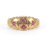 Edwardian 9ct gold ruby and diamond Gypsy ring, Chester 1909, size M, 2.1g