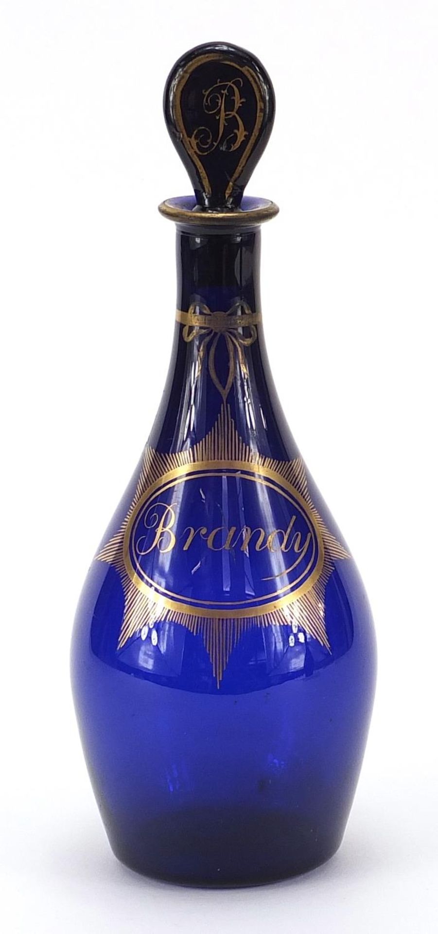 18th/19th century Bristol blue glass decanter with gilt decoration, inscribed Brandy, 24cm high