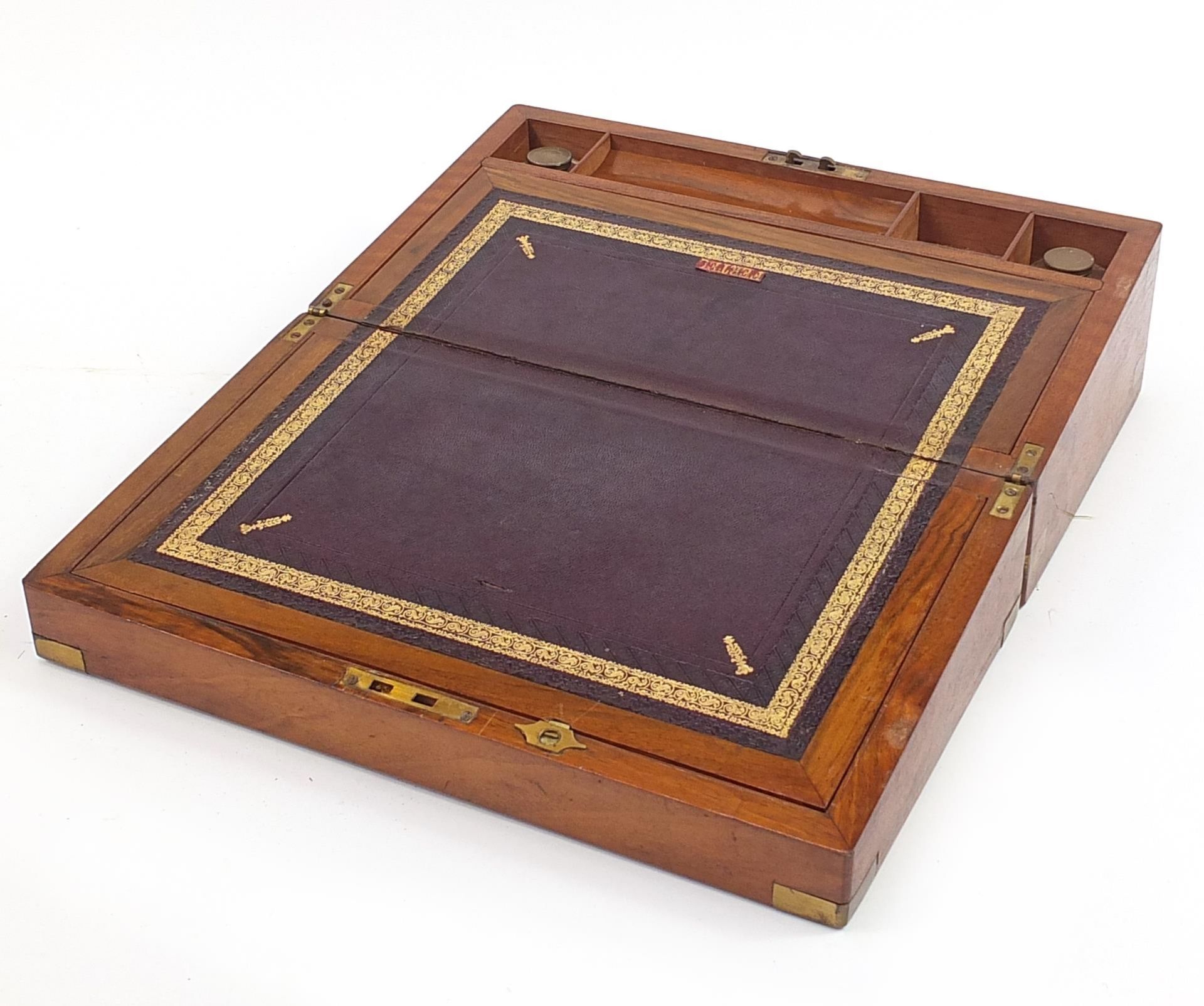 Victorian campaign style walnut writing slope with brass mounts, 15.5cm H x 40cm W x 23cm D - Image 2 of 4