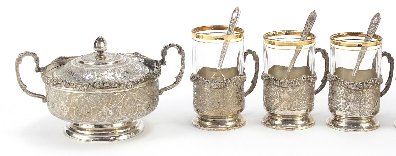 Persian silver twin handled bowl and cover and set of six silver and glass cups with silver - Image 2 of 6