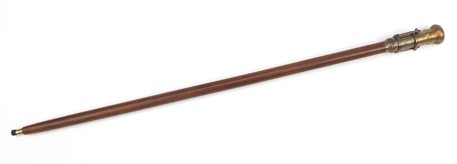 Hardwood walking stick with brass two draw telescope and compass handle, 100cm in length - Image 2 of 5
