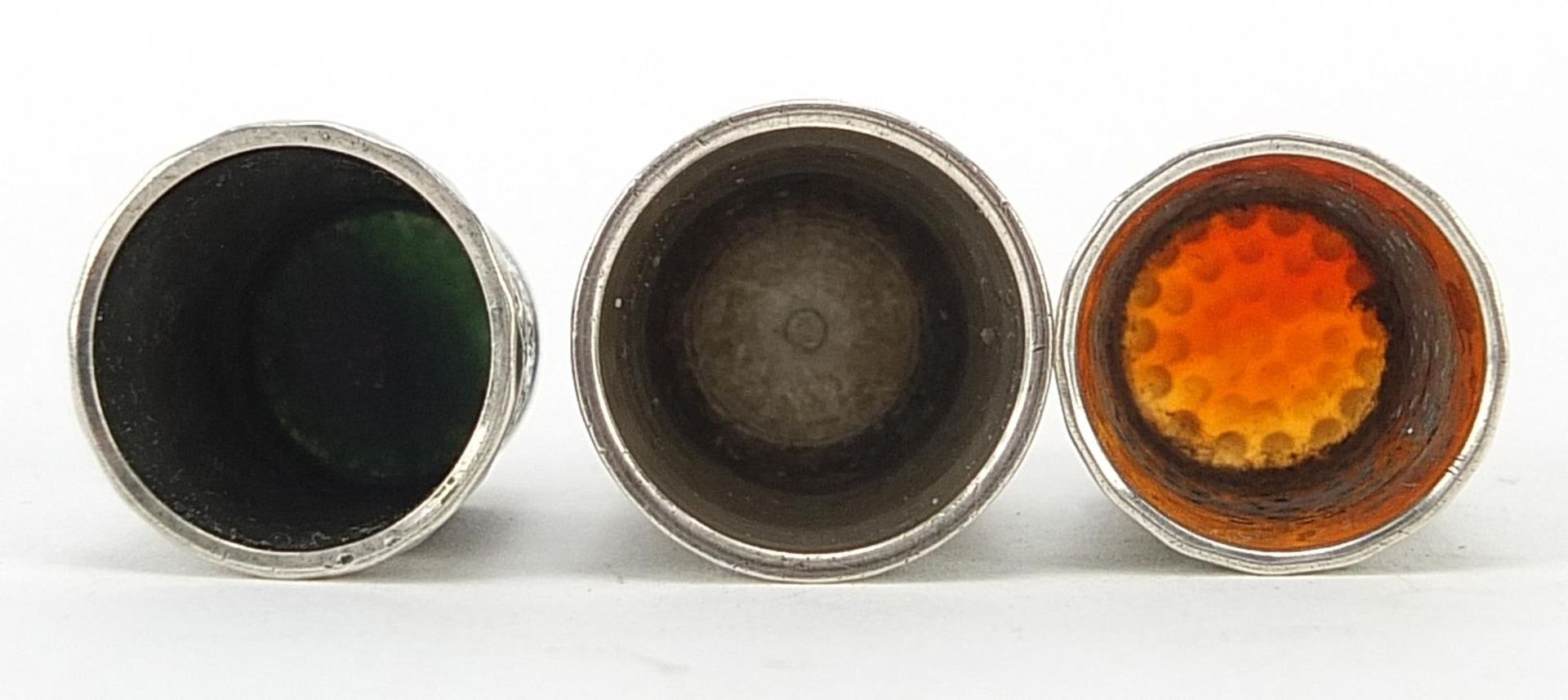 Three Charles Horner silver thimbles, two with hardstone tops, the largest 2.5cm high, total 16.2g - Image 3 of 4