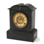 Victorian black slate marble mantle clock with visible brocot escapement, 28.5cm high