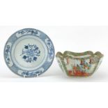 Chinese Canton porcelain bowl and a blue and white plate, the largest 26.5cm in diameter