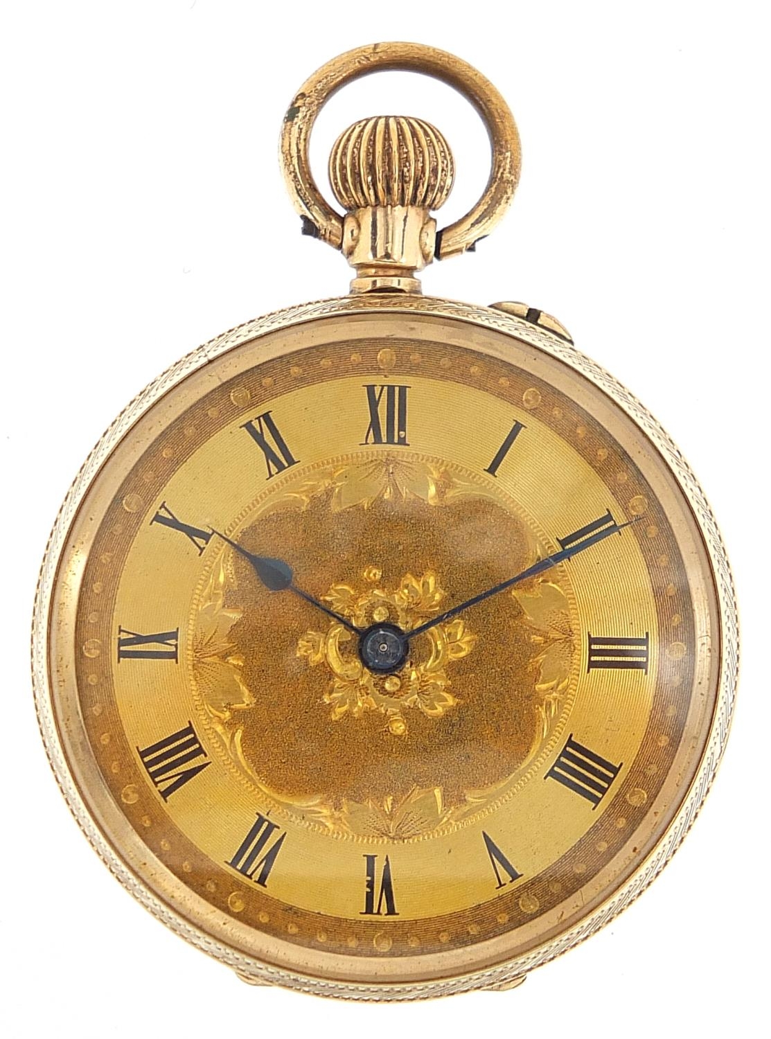 Ladies 9ct gold open face pocket watch with ornate gilt dial, 32mm in diameter, 25.2g