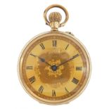 Ladies 9ct gold open face pocket watch with ornate gilt dial, 32mm in diameter, 25.2g