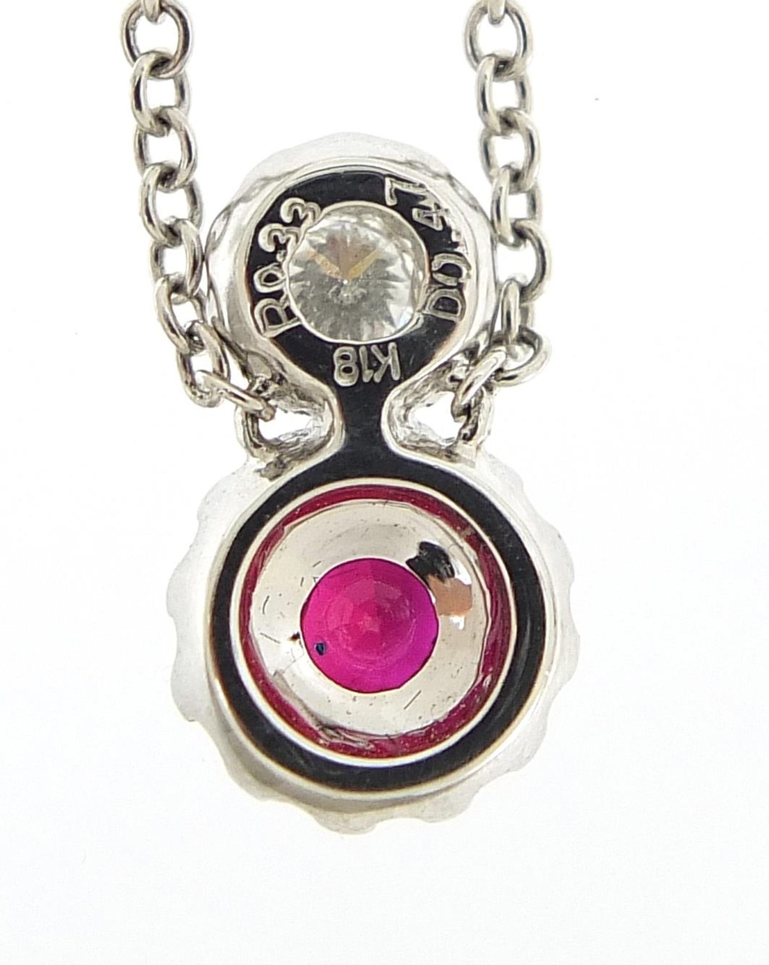 18ct white gold ruby and diamond necklace, stamped D 0.47 R 0.33, 40cm in length, 5.6g - Bild 5 aus 5