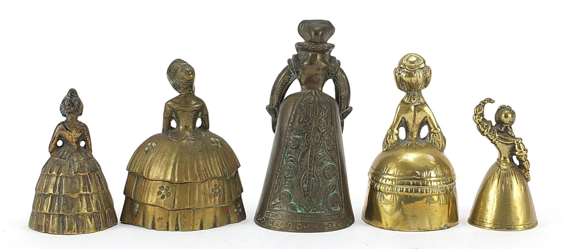 Five 19th century and later brass table bells in the form of females including one wearing Tudor - Image 2 of 3