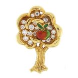 18ct gold diamond tree design tie tack with enamelled apple, 2.4cm high, 5.3g