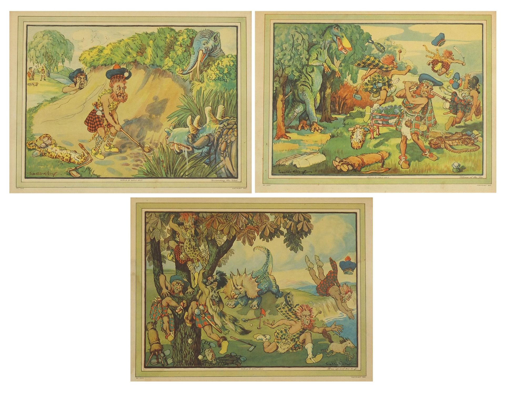 After Walter R Duff - The Perils of Early Golf, set of three golfing interest prints in colour
