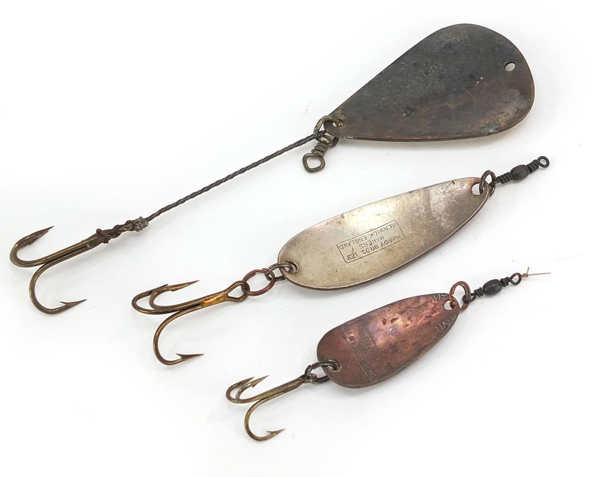 Three vintage Hardy Bros metal fishing lures/spoons, the largest 12.5cm in length - Image 2 of 3