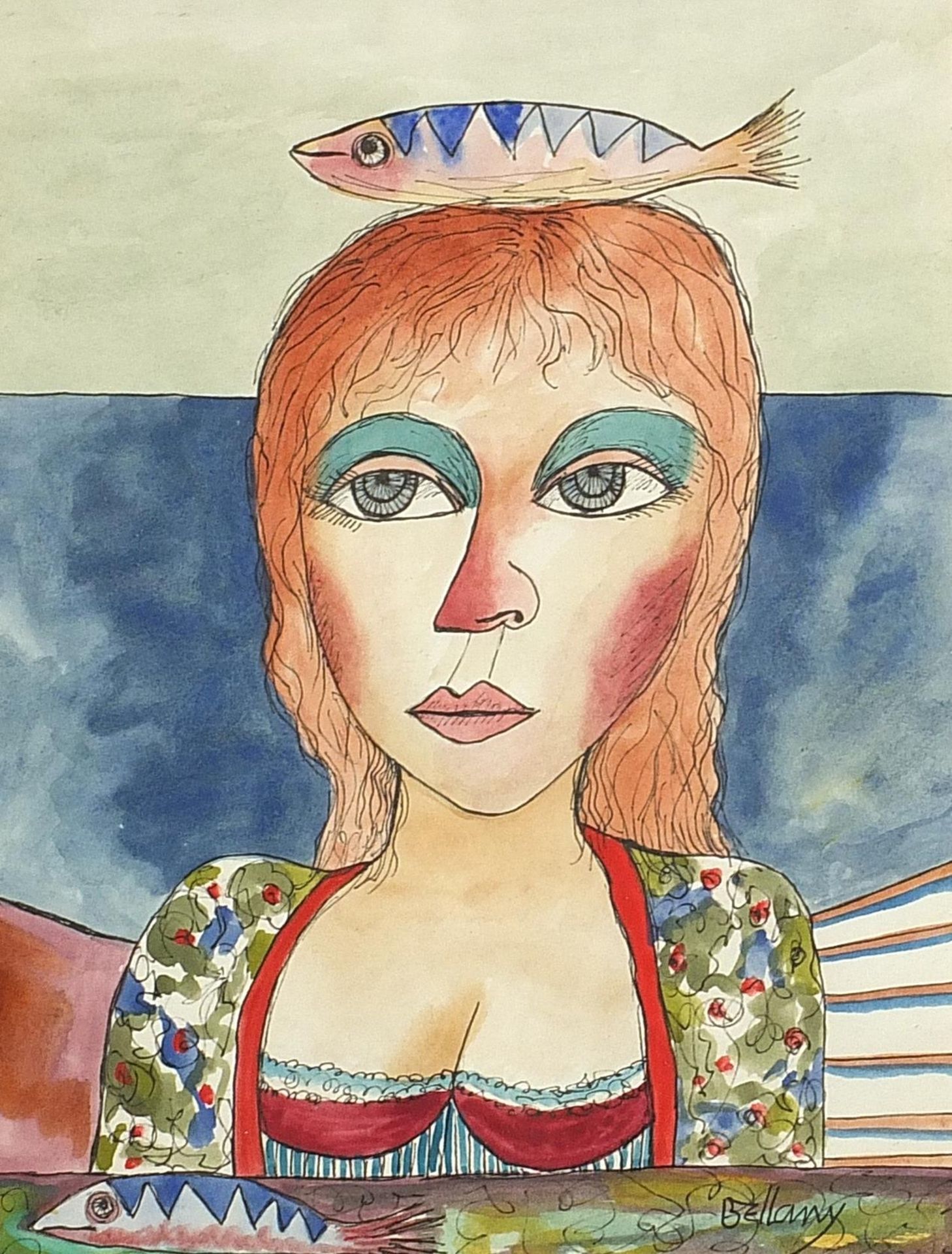 After John Bellany - Portrait of a girl with a fish, Scottish watercolour, mounted, framed and