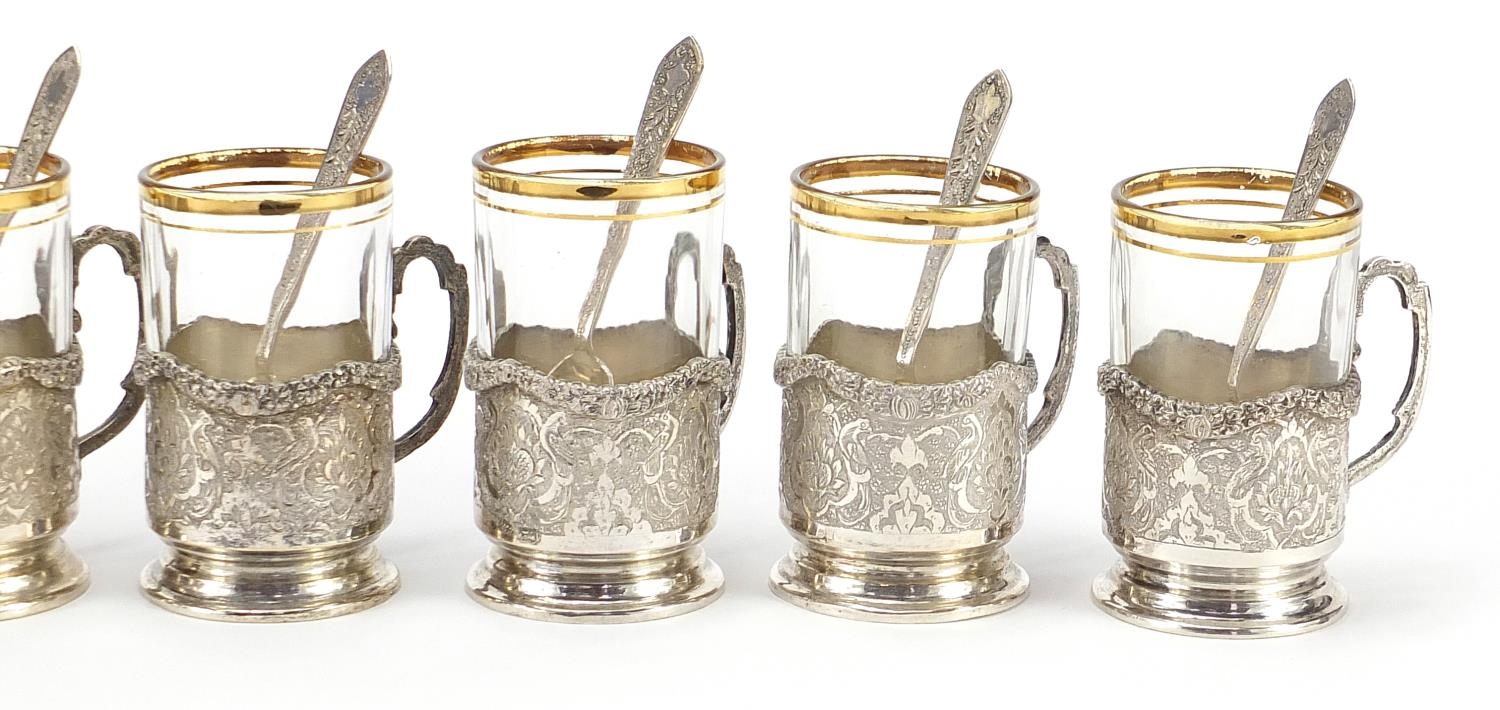 Persian silver twin handled bowl and cover and set of six silver and glass cups with silver - Image 3 of 6