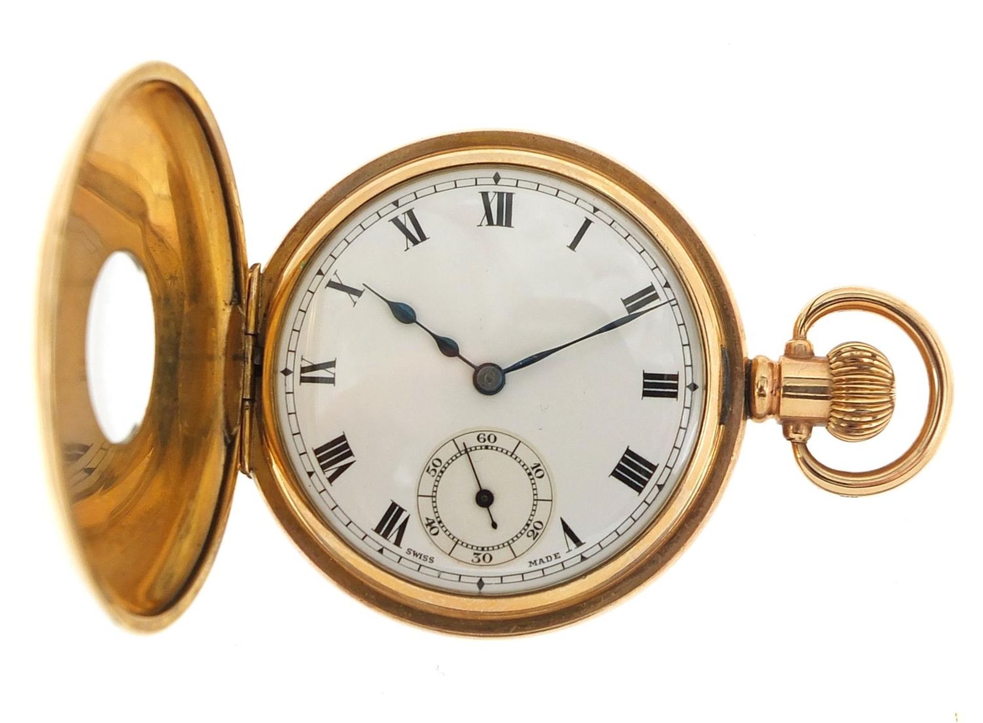 Gentlemen's gold plated half hunter pocket watch with enamelled dial, 50mm in diameter - Image 2 of 6