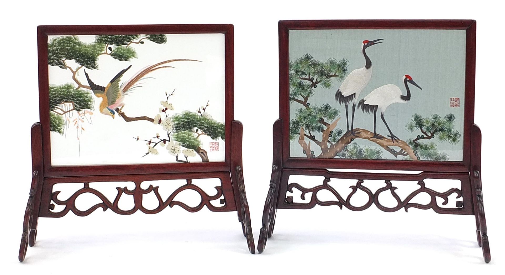 Pair of Chinese hardwood table screens with silk panels finely embroidered with birds of paradise - Image 2 of 4
