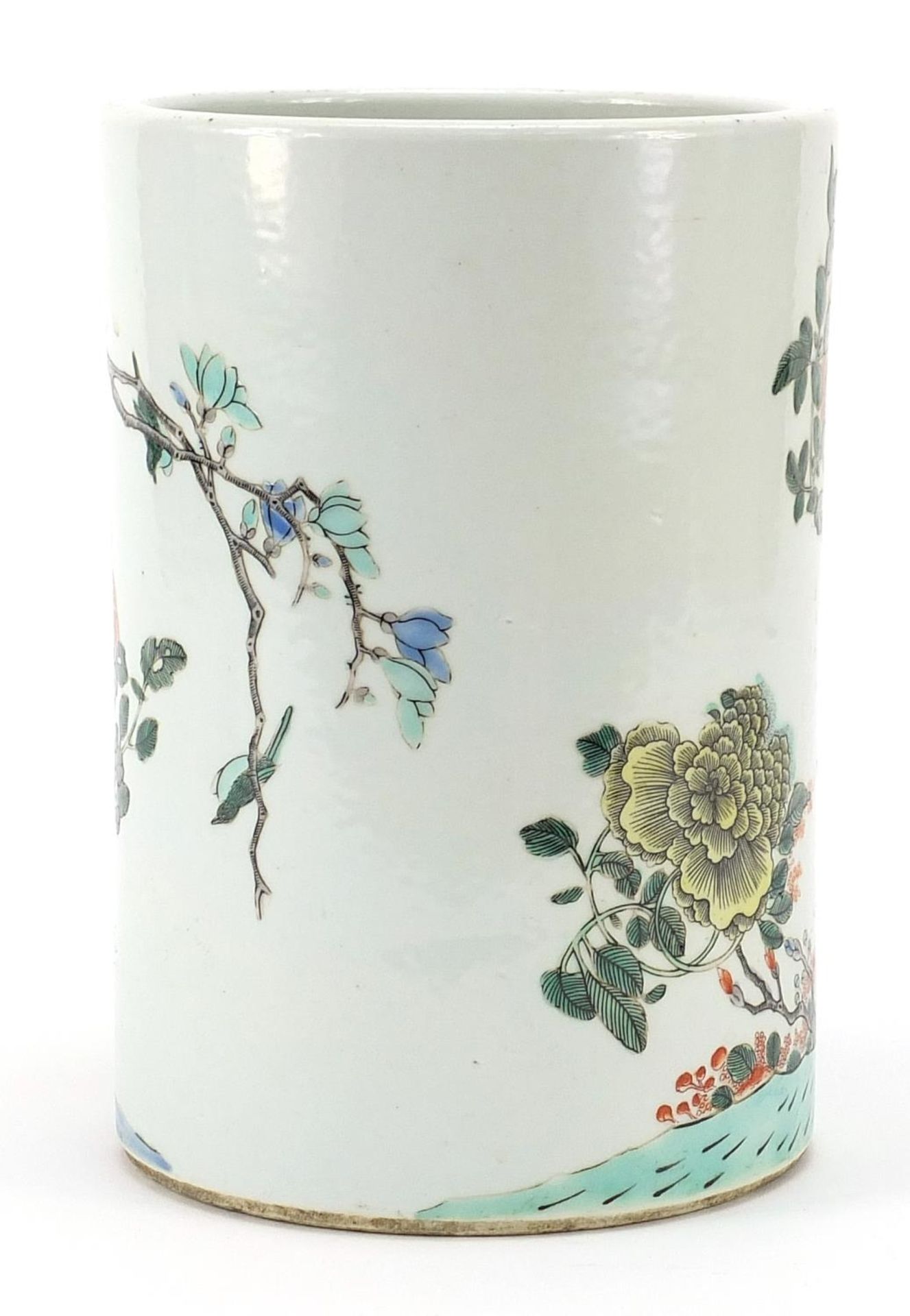 Chinese porcelain cylindrical brush pot hand painted in the famille verte palette with a peacock - Image 2 of 3